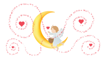 Enchanted fairy, With an aura of calm An angel sitting on a crescent moon Her wings gracefully surround her. She holds a cup full of heart and love, santa claus on the moon, Angel in heaven land png