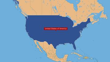 geanimeerd Verenigde staten kaart gemarkeerd blauw kleur zoomen van top ruimte visie. noorden Amerika continent land Verenigde Staten van Amerika grens met Canada en Mexico gedetailleerd Alaska politiek land 3d kaart animatie. video