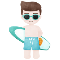 Sommer- süß Junge tragen Sonnenbrille halten ein Surfbrett png