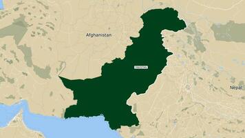 geanimeerd Pakistan kaart gemarkeerd donker groen kleur zoomen van top ruimte visie. Azië continent land Pakistan grens met Indië, afghanistan en chaina gedetailleerd politiek land 3d kaart animatie. video