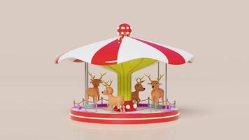 Karussell oder fröhlich gehen runden zum Kinder mit Hirsch isoliert auf Rosa Hintergrund. 3d machen Illustration video
