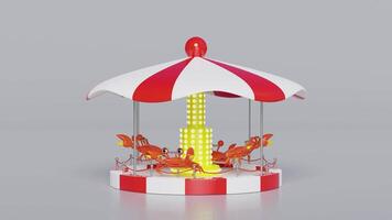 Carousel or merry go round for children with crab isolated on grey background. 3d render illustration video