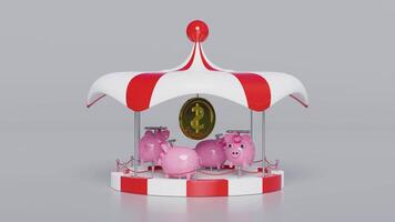 karusell eller glad gå runda med nasse Bank, mynt isolerat på grå bakgrund. 3d framställa illustration video
