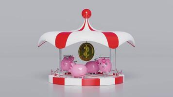 carrusel o alegre Vamos redondo con cerdito banco, moneda aislado en gris antecedentes. 3d hacer ilustración video