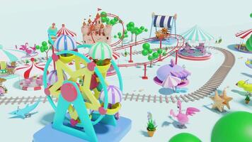 3d amusement park with railroad tracks, roller coaster, ferris wheel, unicorn spring rider, carousel, merry go round, castle, towers. high angle, 3d render illustration video