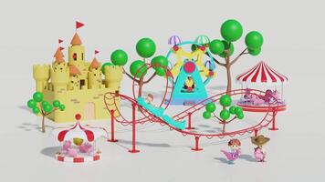 3d amusement park landscape concept with roller coaster, ferris wheel, unicorn spring rider, carousel, merry go round, castle, towers isolated on pink background. 3d render illustration video