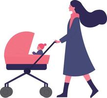 Drawing of a woman with a baby stroller, and a baby walking vector