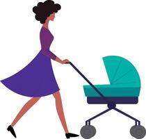 Drawing of a woman with a baby stroller, and a baby walking vector