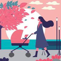 Drawing of a woman with a baby stroller, and a baby walking in a park with a harmonious color palette, and hair blowing in the wind vector