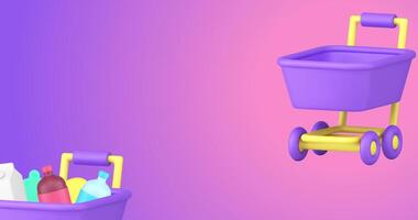 färgrik tecknad serie handla vagn med specerier ikon animering på lila lutning video
