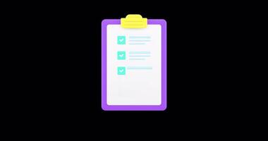 portapapeles Lista de Verificación y alarma reloj icono animación con alfa canal en púrpura antecedentes video