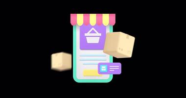 bunt online Einkaufen Konzept mit schwebend Smartphone und Pakete Symbol Animation mit Alpha Kanal video