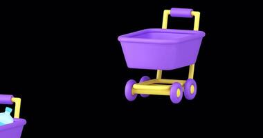 Colorful Cartoon Shopping Cart With Groceries Icon animation with alpha channel on Purple Gradient video