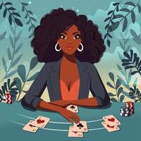 Flat illustration of a female blackjack dealer dealing cards on the table. Hand drawn illustration of an afro american woman working at the casino vector