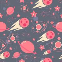 Pink and purple galaxy seamless pattern with stars, planets, comets and galaxies. Repeat background with universe assets vector