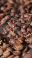 vertikal långsam rörelse av rostad kaffe bönor faller. organisk kaffe frön. video