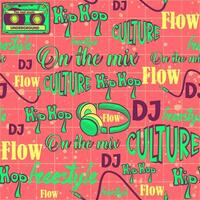 Seamless pattern of a wordcloud with hiphop elements and text. Repeat background with headphones, tapes, cables and graffiti vector