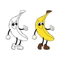 Groovy surfboard character. Banana, tropical fruit. Funny cartoon retro character yellow banana in flat and doodle style. vector