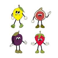 Set of groovy fruits. Cartoon fruits in flat style. Doodle comic illustration. Hand drawn retro vintage trendy style fruits cartoon character lemon, plum, half a fig and strawberry. vector