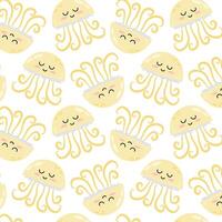 Pattern with cute cartoon yellow jellyfish. Underwater animal in flat style. Kids background. Pattern for textile, wrapping paper, background. vector