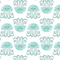 Pattern with cute cartoon green jellyfish. Underwater animal in flat style. Kids illustration of cartoon jellyfish in flat style.Pattern for textile, wrapping paper, background. vector