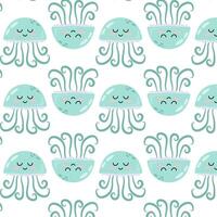 Pattern with cute cartoon green jellyfish. Underwater animal in flat style. Kids illustration of cartoon jellyfish in flat style.Pattern for textile, wrapping paper, background. vector