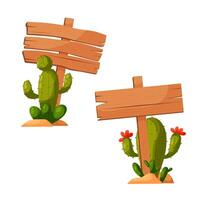Set of wooden signs in flat style. Template for text. Wooden board for inscriptions with a blooming cactus. vector