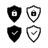 Shield pixel icon. Set of black and white shield icons. 8 bit shield sign. Arcade game symbol. vector