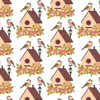 Spring pattern with sparrows. Birdhouse with flowers in flat style. Birds. Pattern for textile, wrapping paper, background. vector