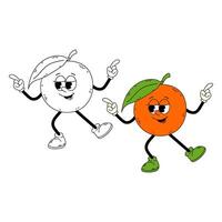 Groovy surfboard character. Orange. Funny cartoon retro character citrus fruit in flat and doodle style. vector