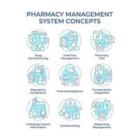 farmacia administración sistema suave azul concepto iconos fármaco fabricación, farmacovigilancia. icono embalar. redondo forma ilustraciones para infografía, artículo. resumen idea vector