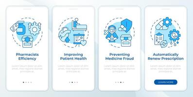 Medicine management benefits blue onboarding mobile app screen. Walkthrough 4 steps editable graphic instructions with linear concepts. UI, UX, GUI template vector