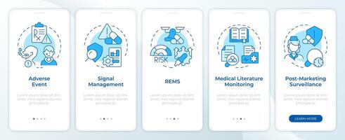 Pharmacovigilance blue onboarding mobile app screen. Walkthrough 5 steps editable graphic instructions with linear concepts. UI, UX, GUI template vector