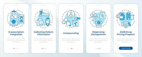 Pharmacy management blue onboarding mobile app screen. Walkthrough 5 steps editable graphic instructions with linear concepts. UI, UX, GUI template vector