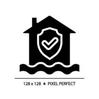 Flood protection black glyph icon. House with checkmark above water. Water damage prevention. Silhouette symbol on white space. Solid pictogram. Isolated illustration. Pixel perfect vector