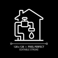 Water supply white linear icon for dark theme. Potable water at home. Residential infrastructure. Water access. Thin line illustration. Isolated symbol for night mode. Editable stroke. Pixel perfect vector