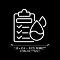 Water quality testing white linear icon for dark theme. Drinking water health standards. Testing protocol. Thin line illustration. Isolated symbol for night mode. Editable stroke. Pixel perfect vector