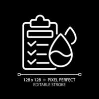 Water quality testing white linear icon for dark theme. Drinking water health standards. Testing protocol. Thin line illustration. Isolated symbol for night mode. Editable stroke. Pixel perfect vector