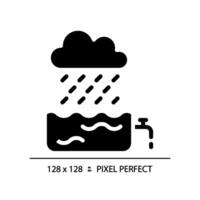 Rain water black glyph icon. Water collection and conservation. Sustainable living. Harvesting rainwater. Silhouette symbol on white space. Solid pictogram. Isolated illustration. Pixel perfect vector