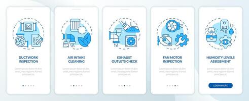 Ventilation inspection blue onboarding mobile app screen. HVAC walkthrough 5 steps editable graphic instructions with linear concepts. UI, UX, GUI template vector