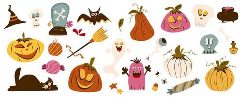 Retro Groovy Halloween clipart with pumpkin, ghost, cat and skull. Trippy retro spooky elements. Groovy boho illustration. Autumn october holiday. vector