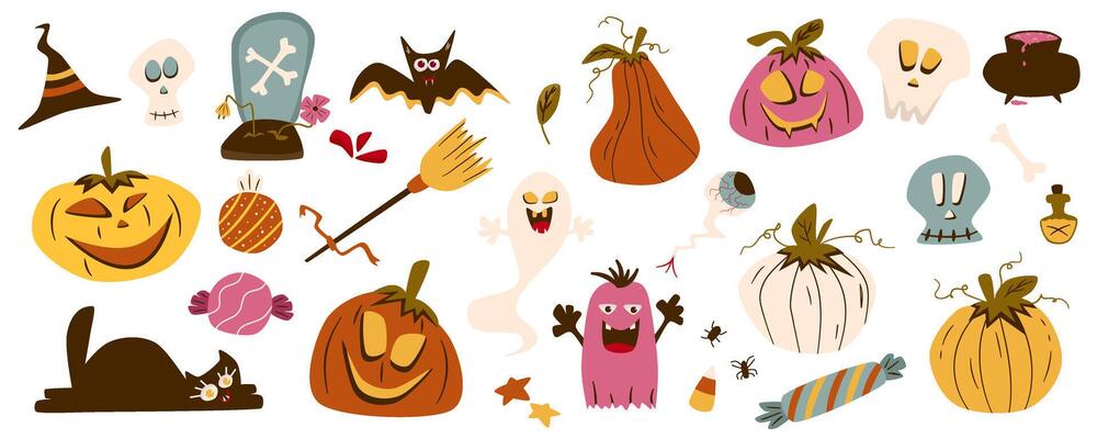 Retro Groovy Halloween clipart with pumpkin, ghost, cat and skull. Trippy retro spooky elements. Groovy boho illustration. Autumn october holiday.