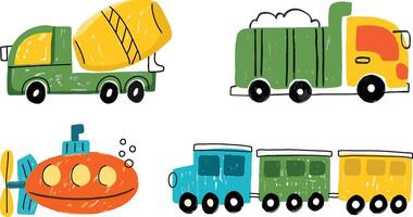 Fun Transportation Toys Chalk Crayon style set vector