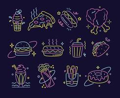 Retro Monoline Neon Vibrant 90' Fast Food Icon Line set vector