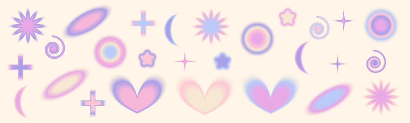 Gradient Y2k shape blur set. Flower, star, planet blurry aesthetic y2k. pastel form illustration. Aura gradient shape