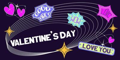 Y2K template background for valentines day with stickers. 90s retro design with stickers. Trendy aesthetic background geometric. Flat illustration vector