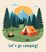 Camping concept. Illustration of landscape, mountains, forest, tent, campfire. Camping in nature. Summer camp in the mountains. Let's go camping iscription. Design for banner, poster, website. vector