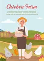 Chicken farm poster. Farmer holds a basket with eggs in her hands on the countryside background. There are some hens near the farmer. vector