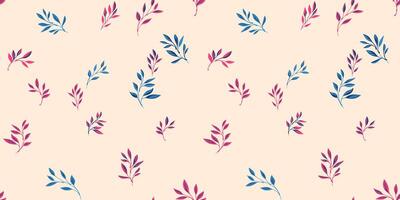 Colorful isolate tiny leaf branches seamless pattern is randomly scattered. Abstract, minimalist simple leaves on a beige light background. hand drawn. Collage template for print, designs vector
