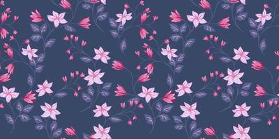 Abstract artistic branches with tiny flowers bells, leaves intertwined in a seamless pattern. Dark blooming wild meadow printing. hand drawn illustration. Template for design, fashion, textile vector